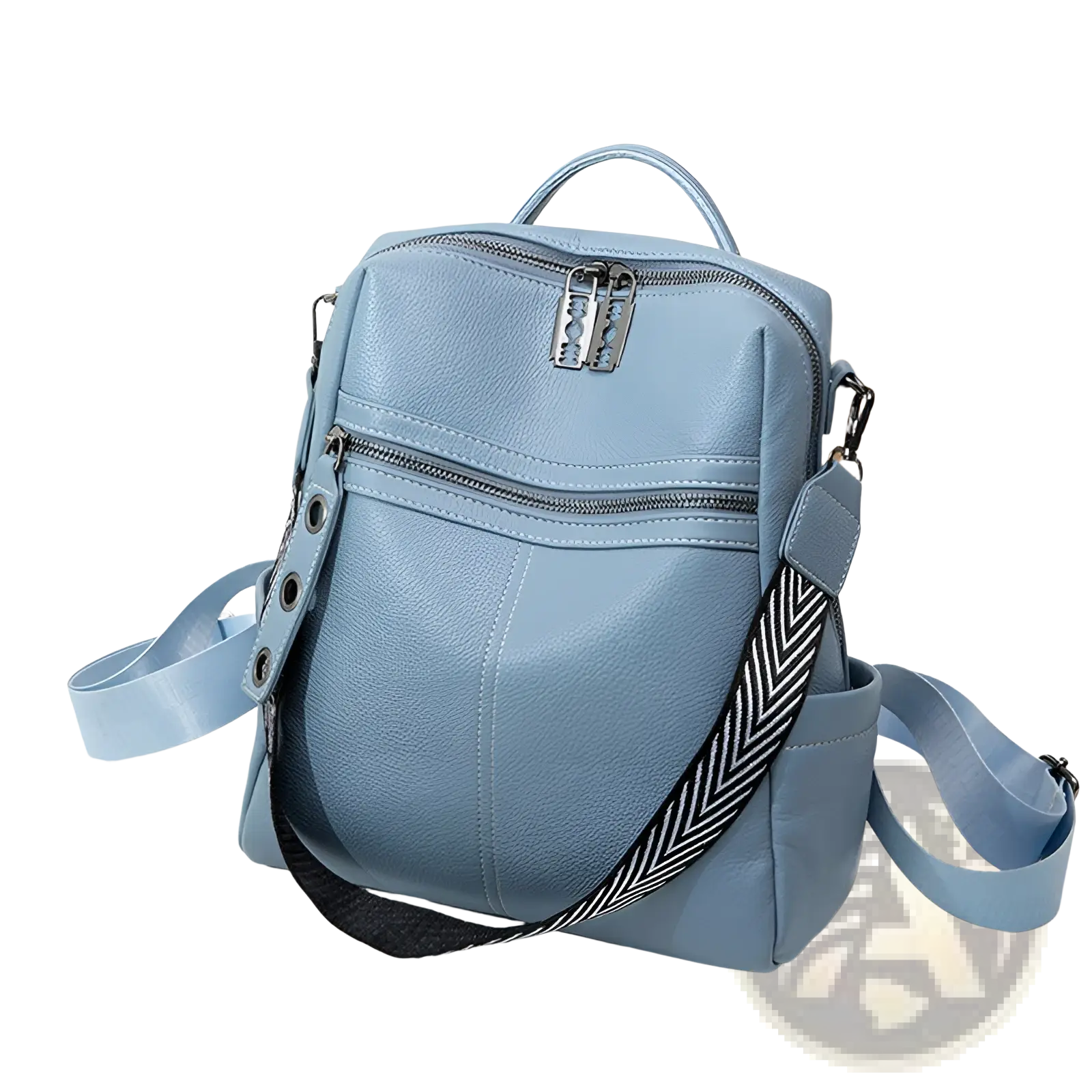 Urban faux leather backpack in light blue with silver razor blade zipper pull and black and white herringbone strap