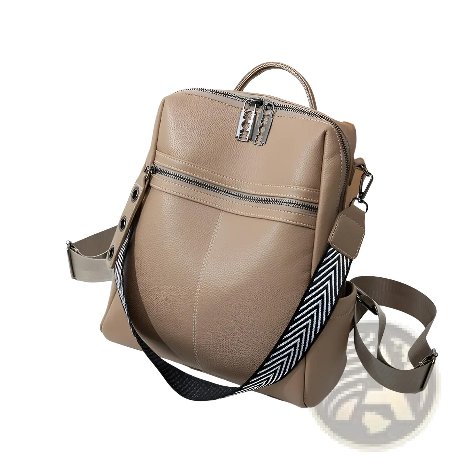 Beige urban faux leather backpack with silver metal clasp and black and white herringbone pattern shoulder strap