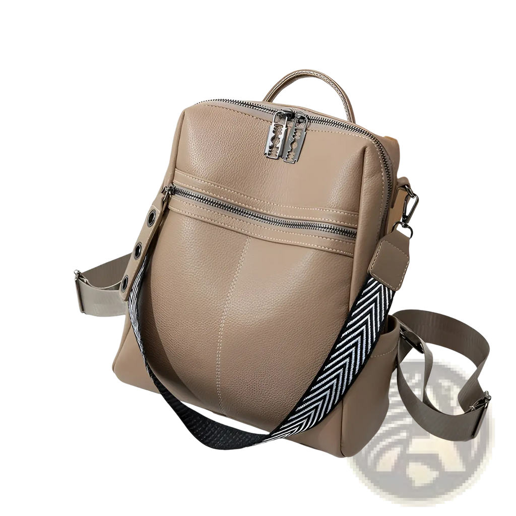 Beige urban faux leather backpack with silver-toned clasp and black-and-white herringbone strap