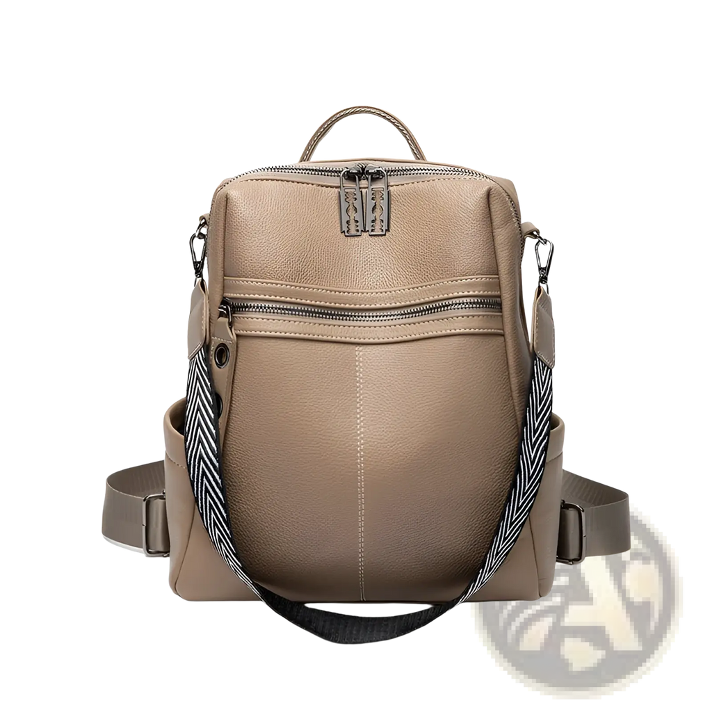 Beige urban faux leather backpack with herringbone-patterned shoulder strap and silver-toned zippers