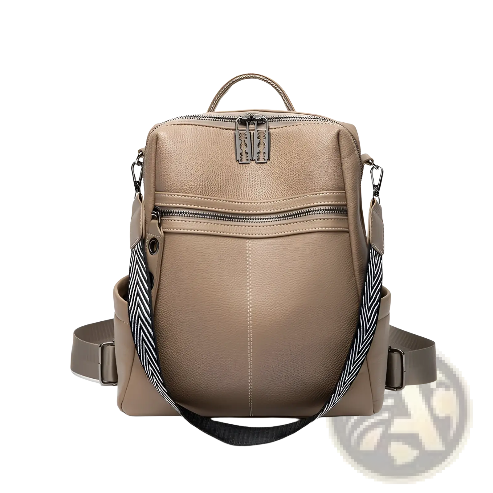 Beige urban faux leather backpack with herringbone-patterned shoulder strap and silver-toned zippers