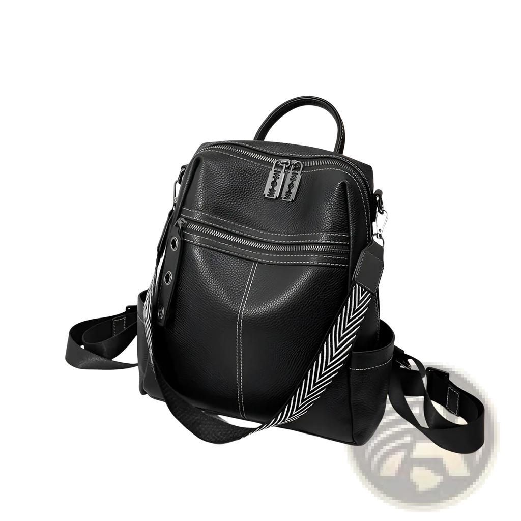 Black leather urban backpack with silver zippers and herringbone-patterned strap visible from the back side