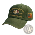 Olive green usa 250th anniversary eagle baseball cap with embroidered gold lettering and detailed eagle with american flag