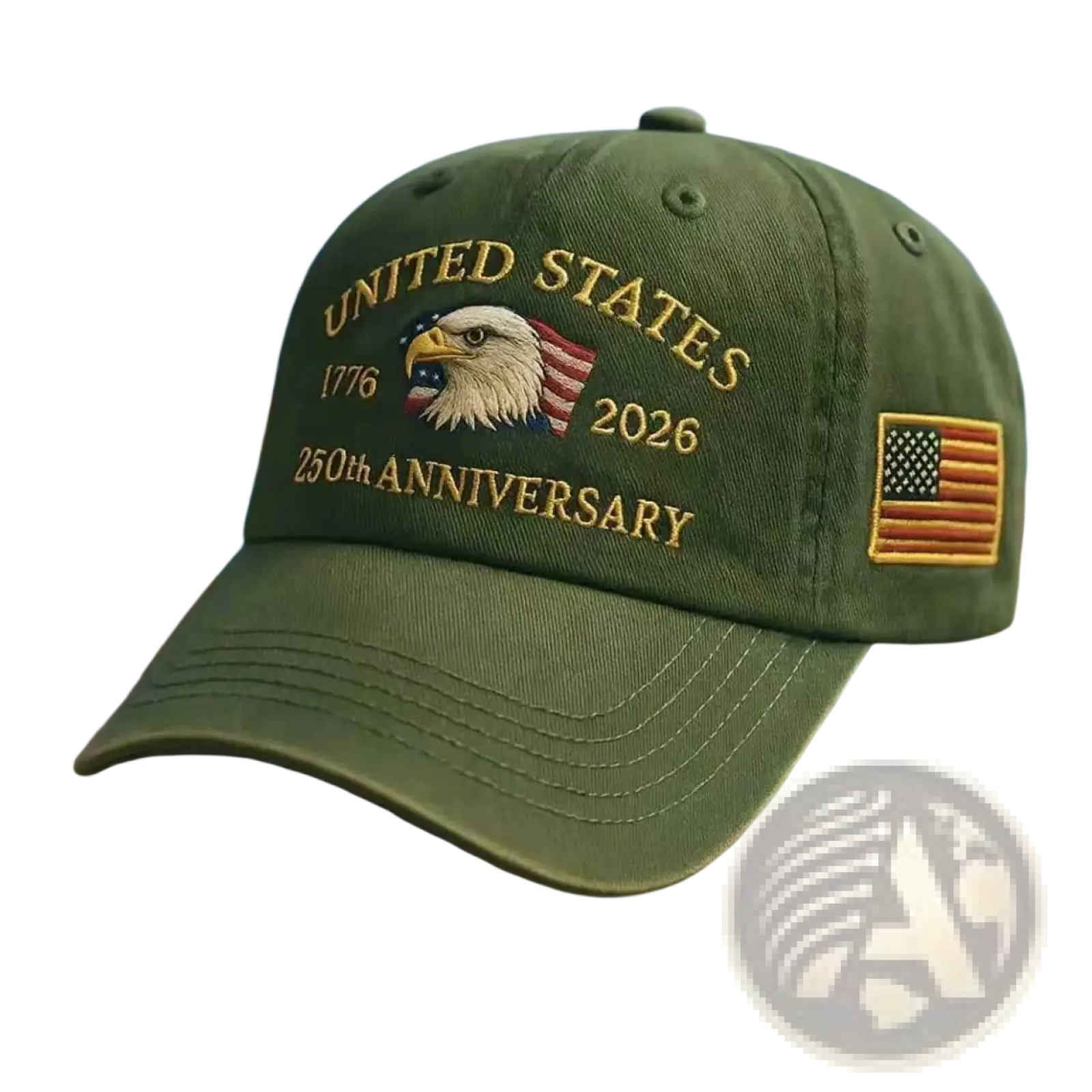 Olive green usa 250th anniversary eagle baseball cap with embroidered gold lettering and detailed eagle with american flag