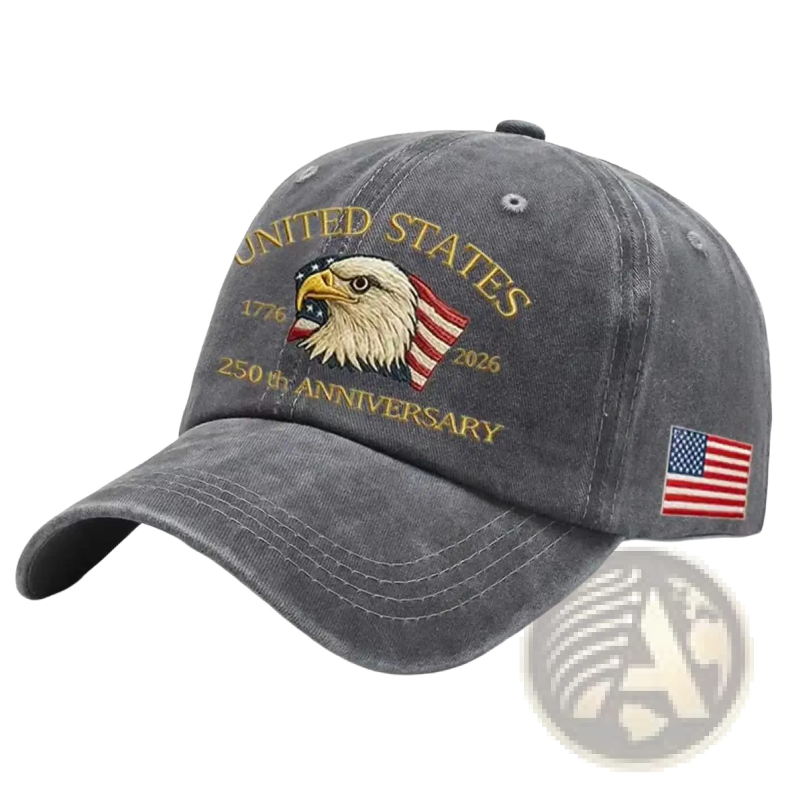A faded gray Usa 250th anniversary eagle baseball cap with embroidered eagle flag and gold thread text