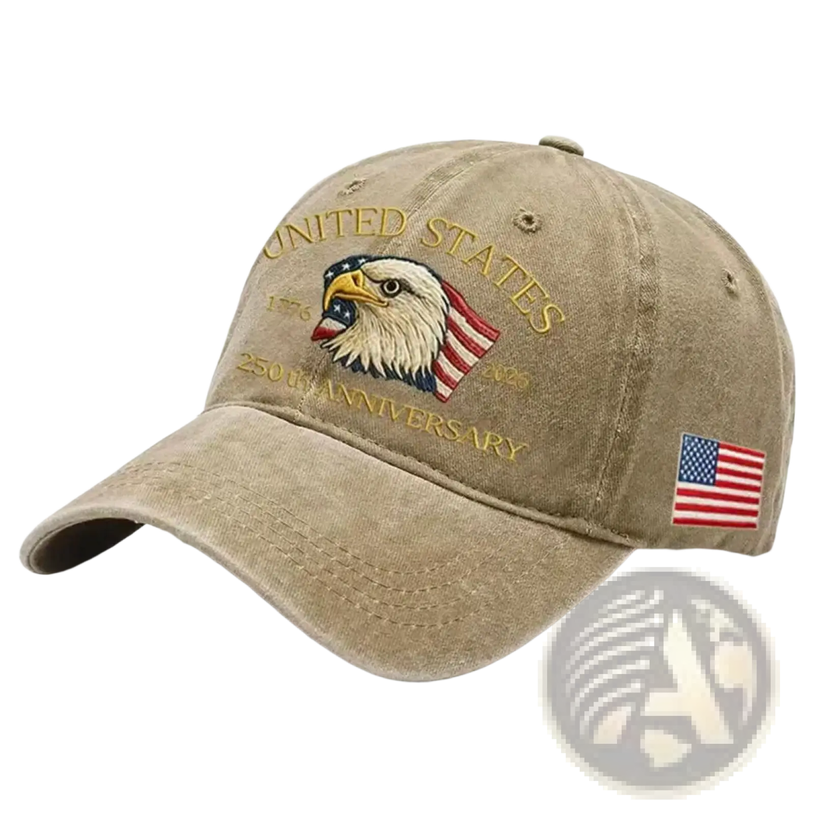 Beige usa 250th anniversary eagle baseball cap with embroidered eagle, gold text, and american flag patch side