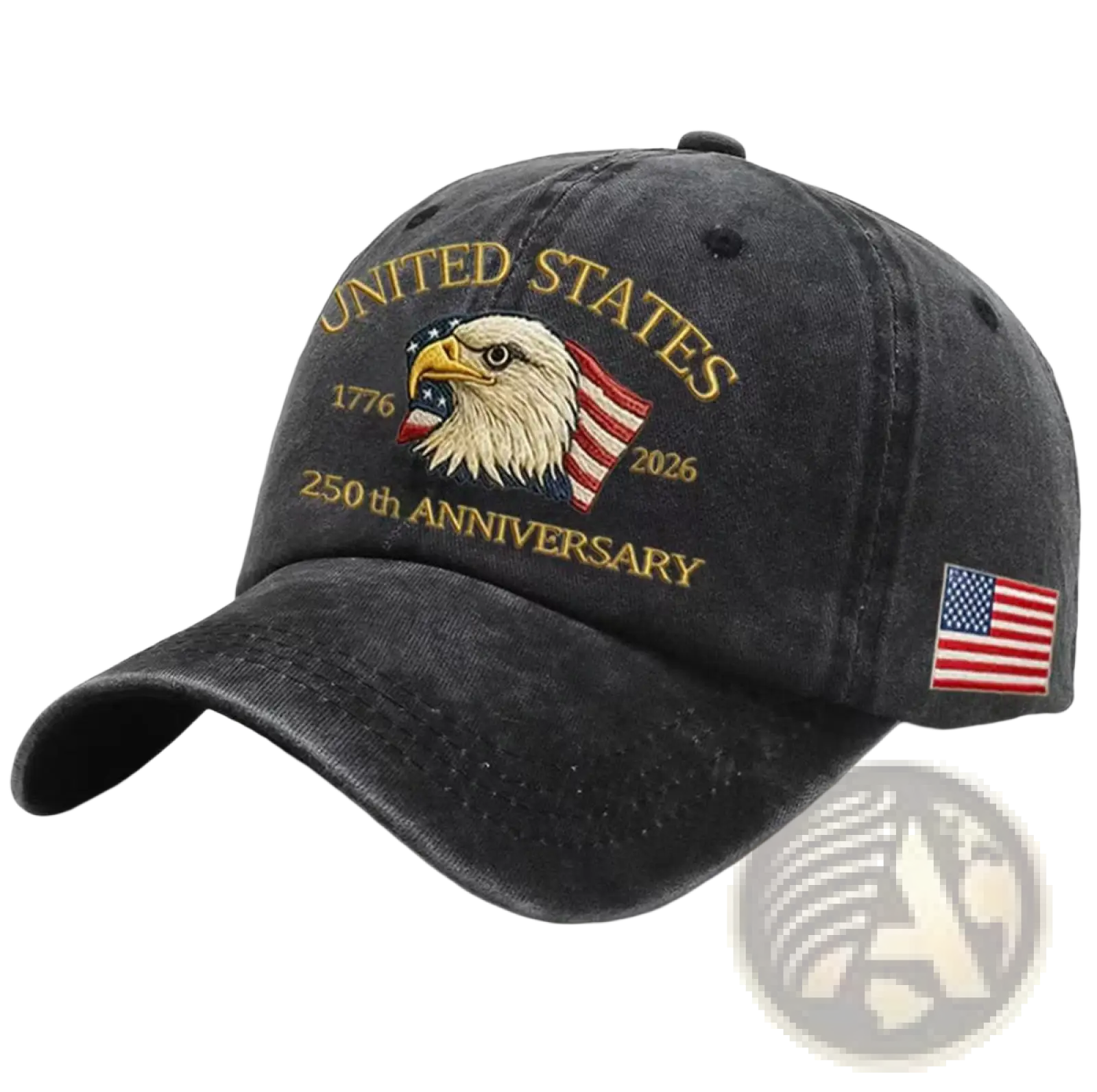 Black denim usa 250th anniversary eagle baseball cap with embroidered eagle and gold thread text and american flag patch