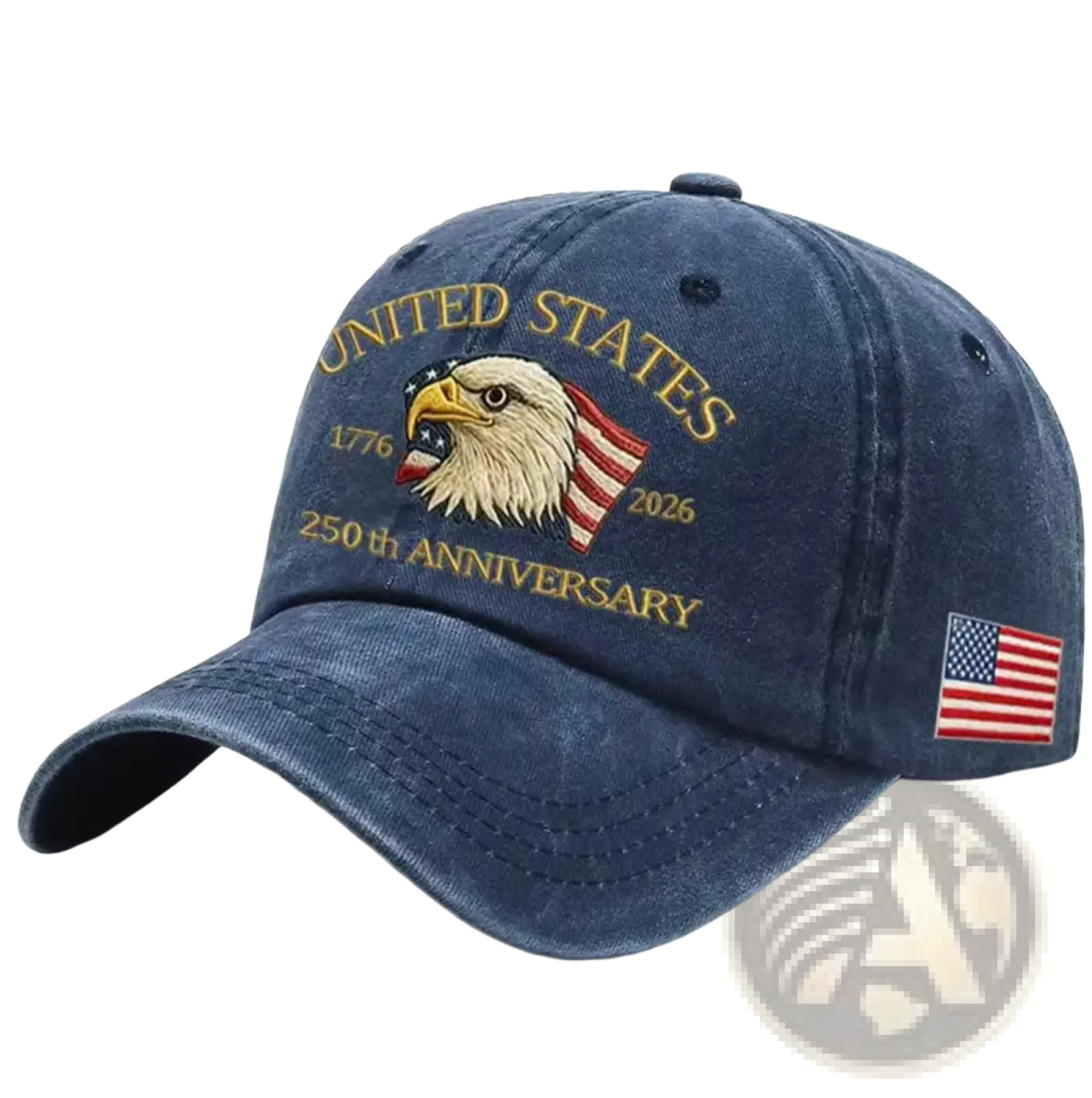 A navy blue denim usa 250th anniversary baseball cap with an embroidered eagle and flag patch on the side
