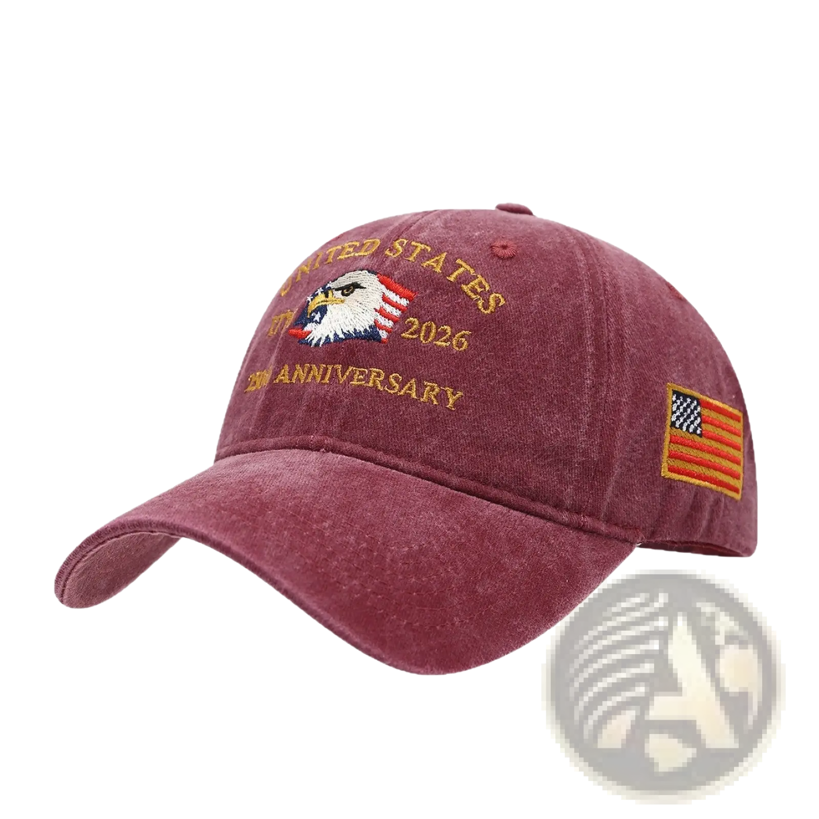Maroon usa 250th anniversary eagle baseball cap with embroidered gold eagle and united states 2026 text and flag patch