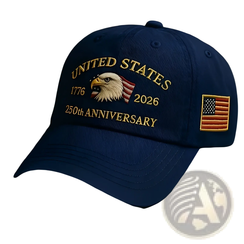 Navy blue usa 250th anniversary embroidered baseball cap with gold eagle and american flag embroidery