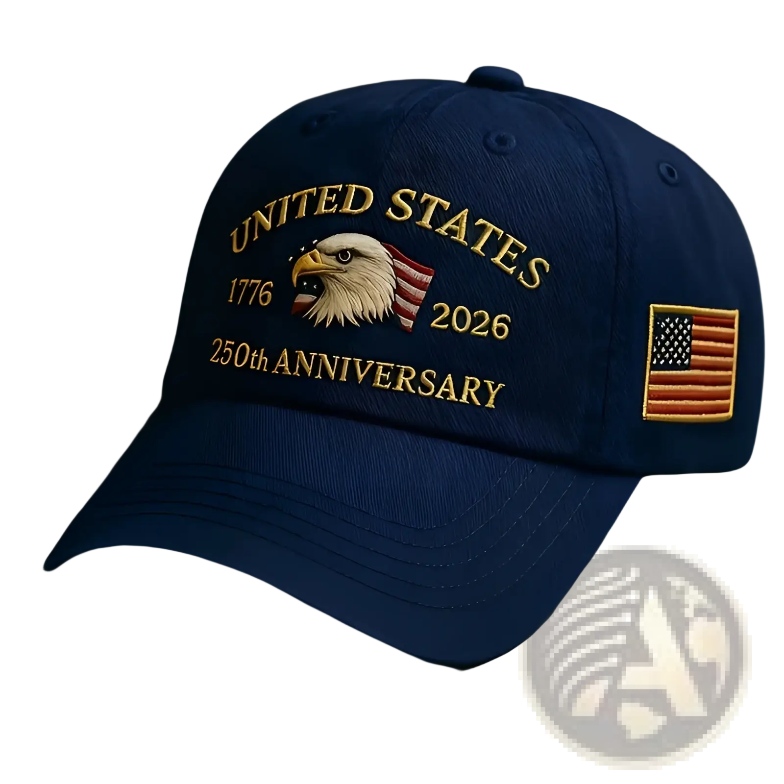 Navy blue usa 250th anniversary embroidered baseball cap with gold eagle and american flag embroidery