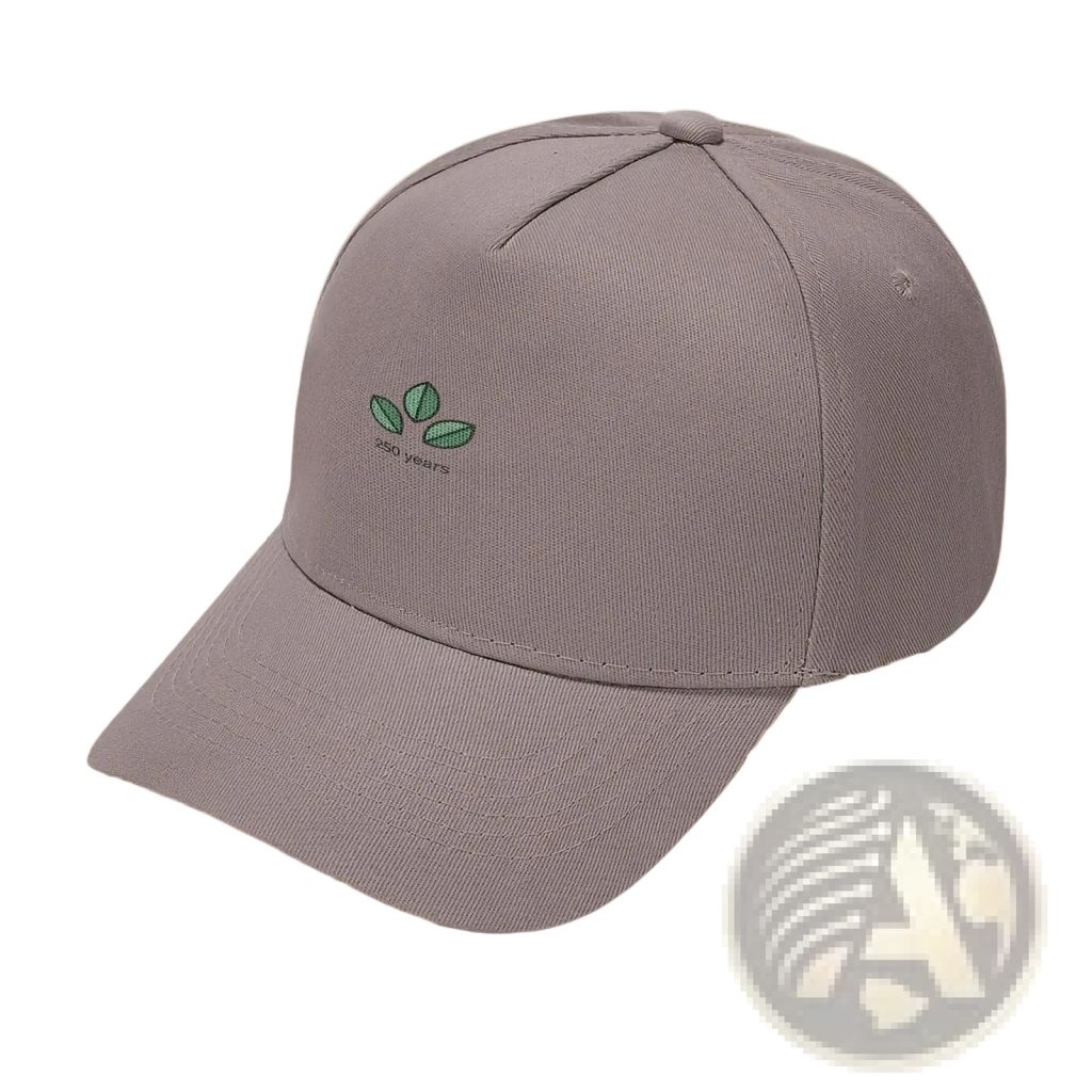 A soft gray usa 250th anniversary embroidered baseball cap with a green leaf logo and 200 years text on the front