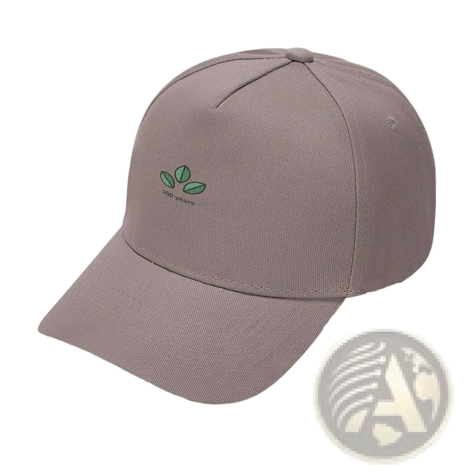 A soft gray usa 250th anniversary embroidered baseball cap with a green leaf logo and 200 years text on the front