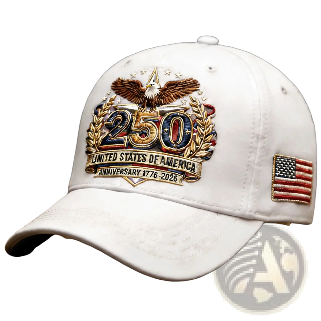 White baseball cap featuring an embroidered eagle 250 numerals laurel wreaths and usa 250th anniversary banner design