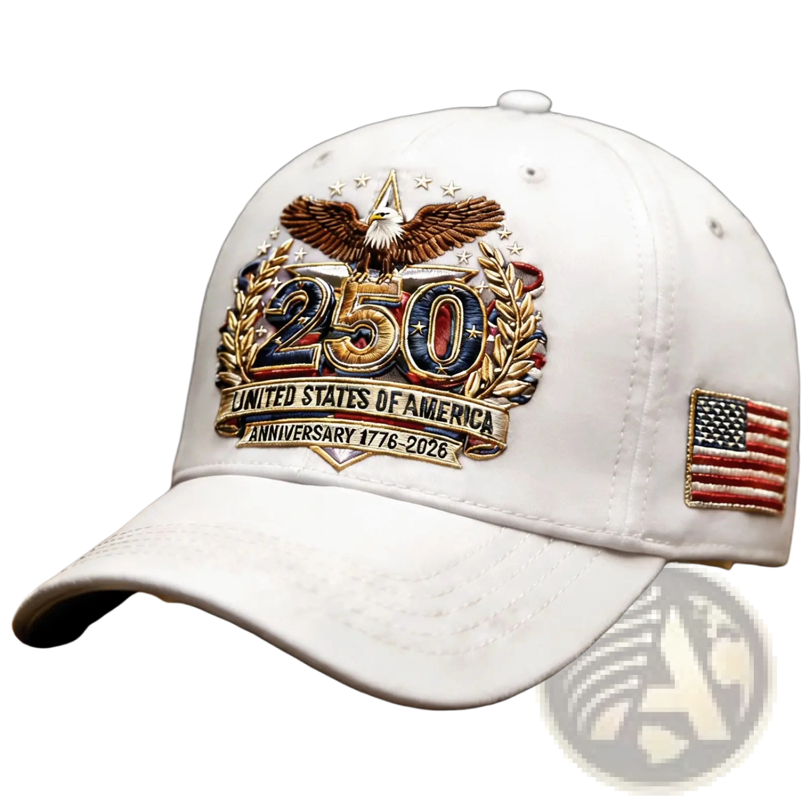 White baseball cap featuring an embroidered eagle 250 numerals laurel wreaths and usa 250th anniversary banner design