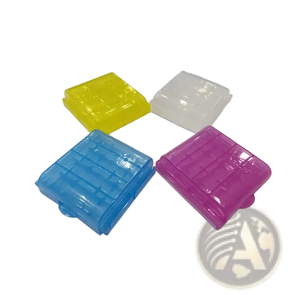 Usb Aa Aaa battery charger and organizer with clear plastic storage box featuring grid pattern snap-on lid in vibrant colors
