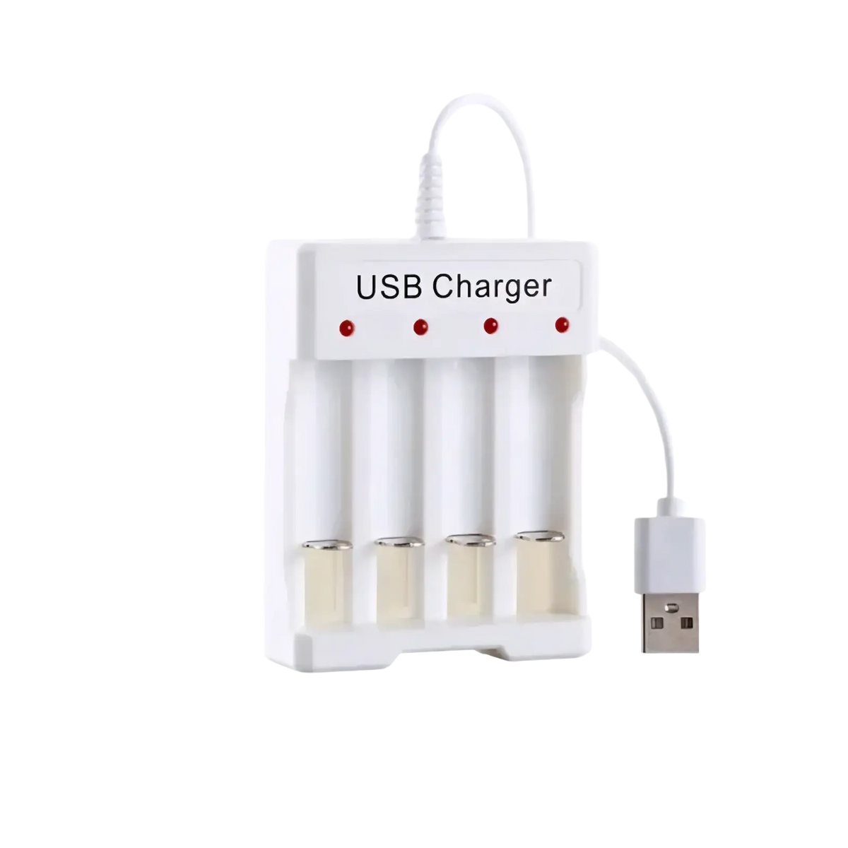 White USB AA AAA battery charger and organizer with four slots and red indicator lights above each slot