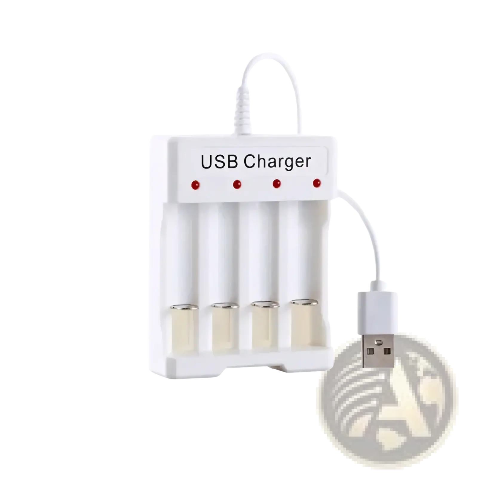White USB AA AAA battery charger and organizer with four slots and red indicator lights above each slot