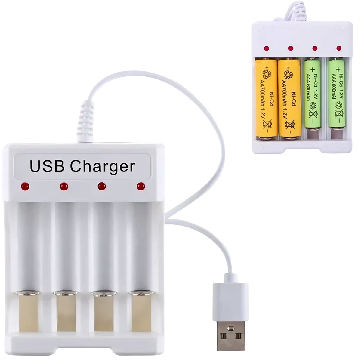 White plastic usb aa aaa battery charger and organizer with four slots and red indicator lights and usb cable