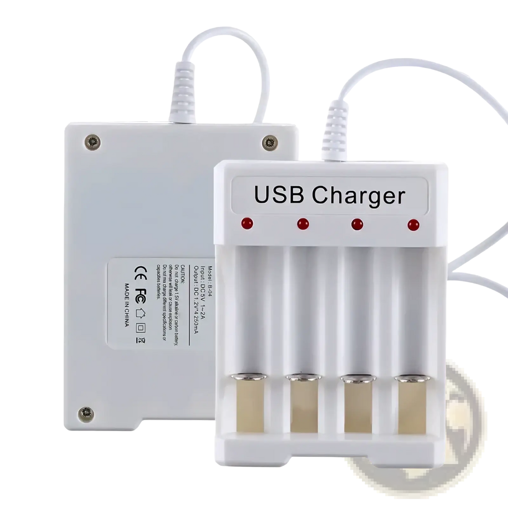 White plastic usb aa aaa battery charger and organizer with four slots and red indicator lights for efficient charging