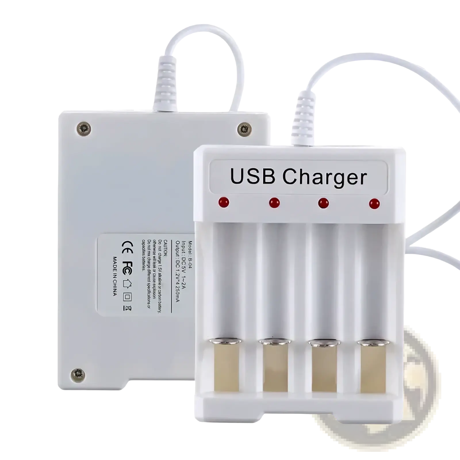 White plastic usb aa aaa battery charger and organizer with four slots and red indicator lights for efficient charging