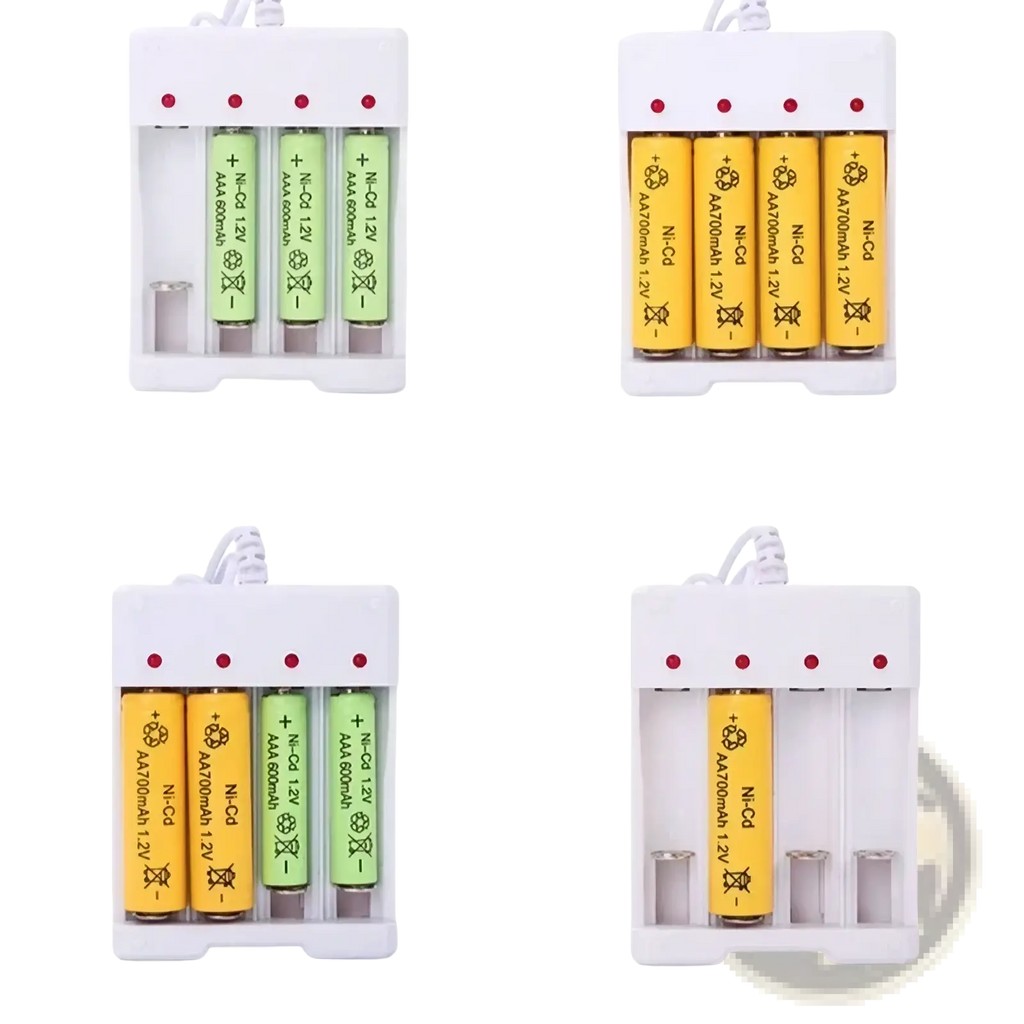 White plastic usb aa aaa battery charger and organizer with four slots for charging alkaline batteries