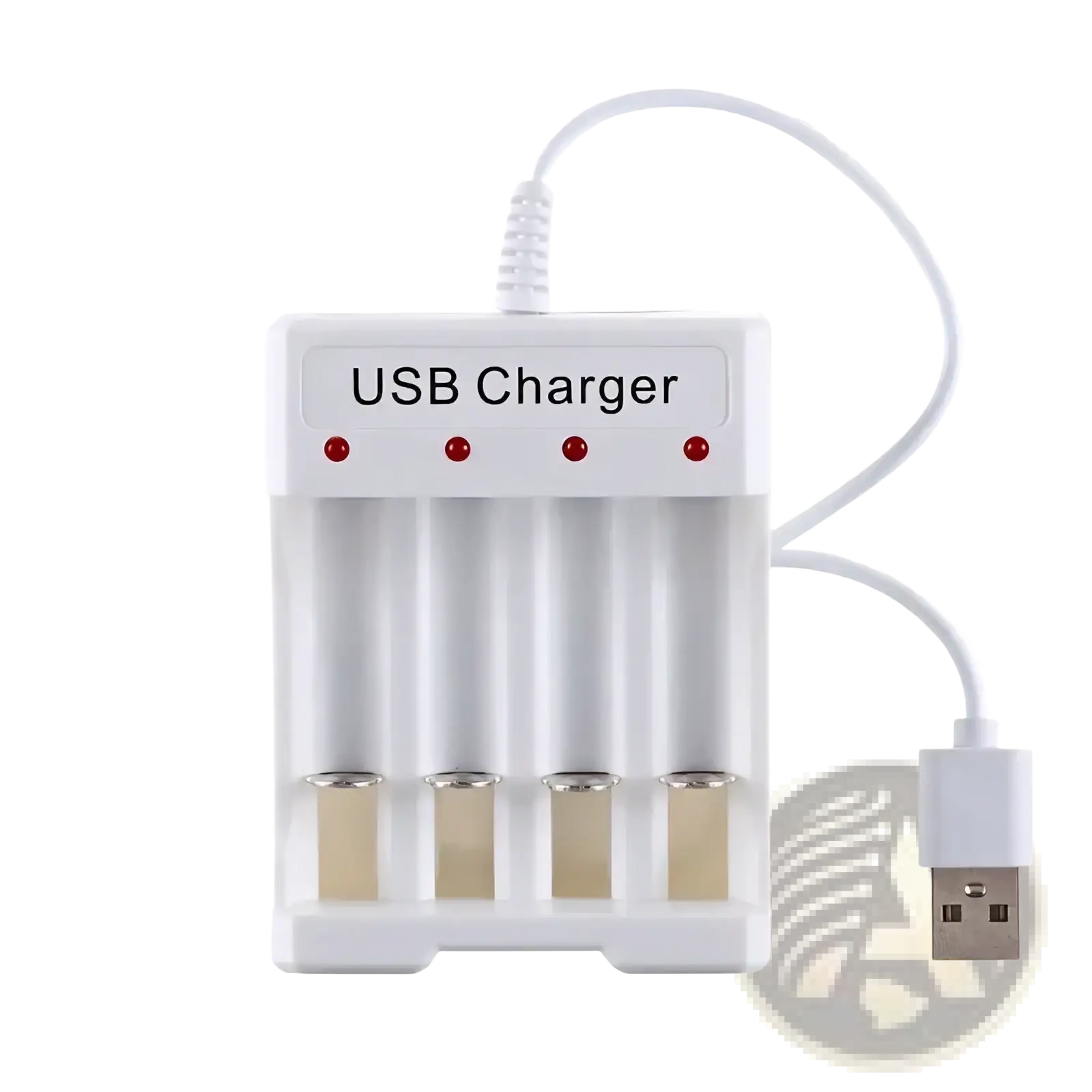 White plastic usb aa aaa battery charger and organizer with four slots and red indicator lights for efficient charging