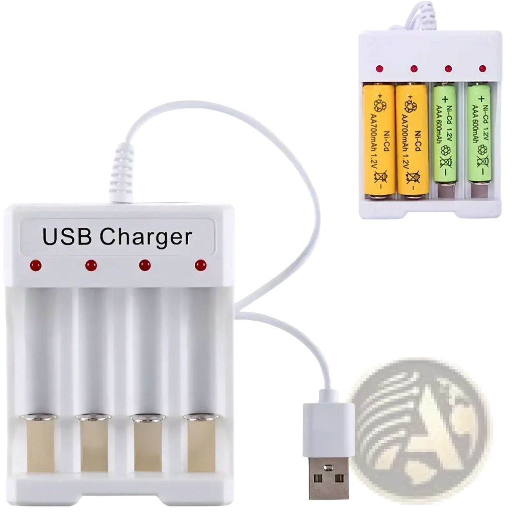 White plastic usb aa aaa battery charger and organizer with four slots and red indicator lights and usb cable