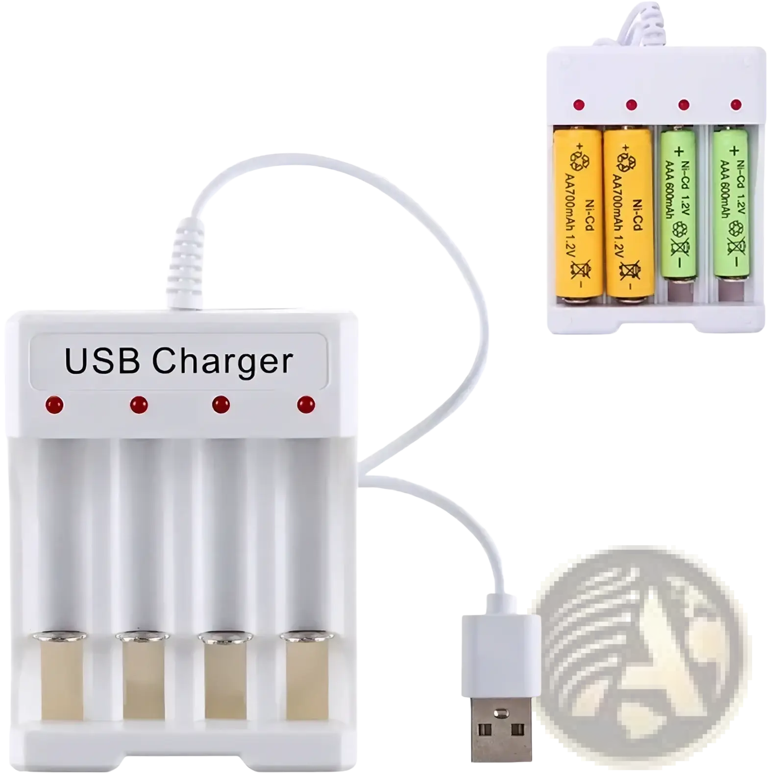 White plastic usb aa aaa battery charger and organizer with four slots and red indicator lights and usb cable