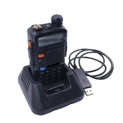 Black baofeng bf-f6 handheld two-way radio with numeric keypad and orange power button in black usb battery charger base for uv-5r