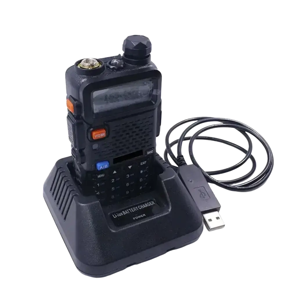 Black baofeng bf-f6 handheld two-way radio with numeric keypad and orange power button in black usb battery charger base for uv-5r