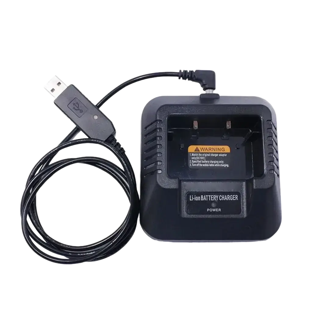 Black plastic usb battery charger for baofeng uv-5r with coiled usb cable and warning label visible