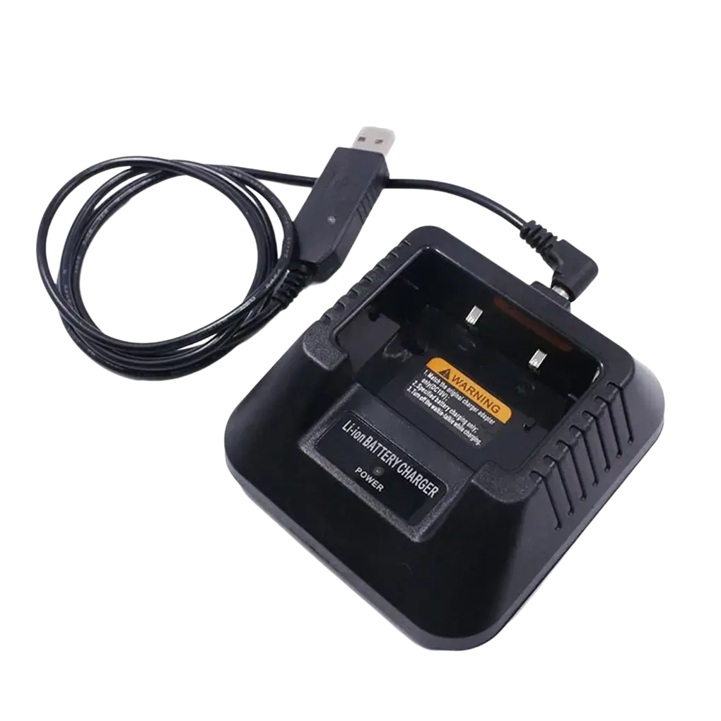 Black plastic usb battery charger with coiled usb cable for baofeng uv-5r and uv5r radios