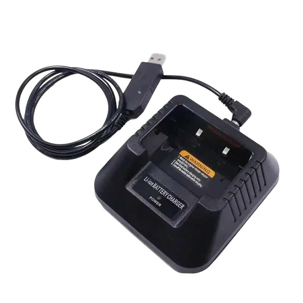 Black plastic usb battery charger for baofeng uv-5r with coiled usb cable for efficient charging