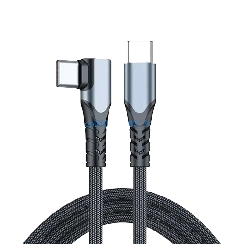 Black braided usb c cable with 90-degree angled connector and metallic silver accents for fast charging straight head