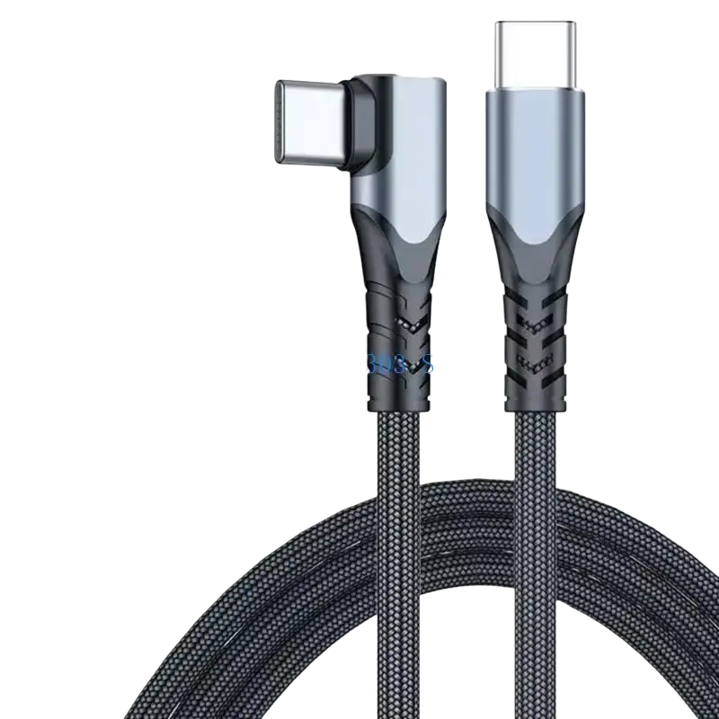 Black braided usb c cable with angled connector and textured metallic ends for fast charging straight head use