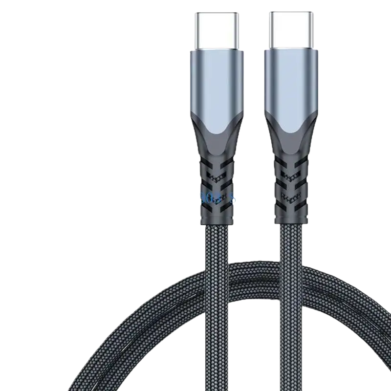 Black braided usb c cable with metallic silver connectors for 100w fast charging and data transfer straight head