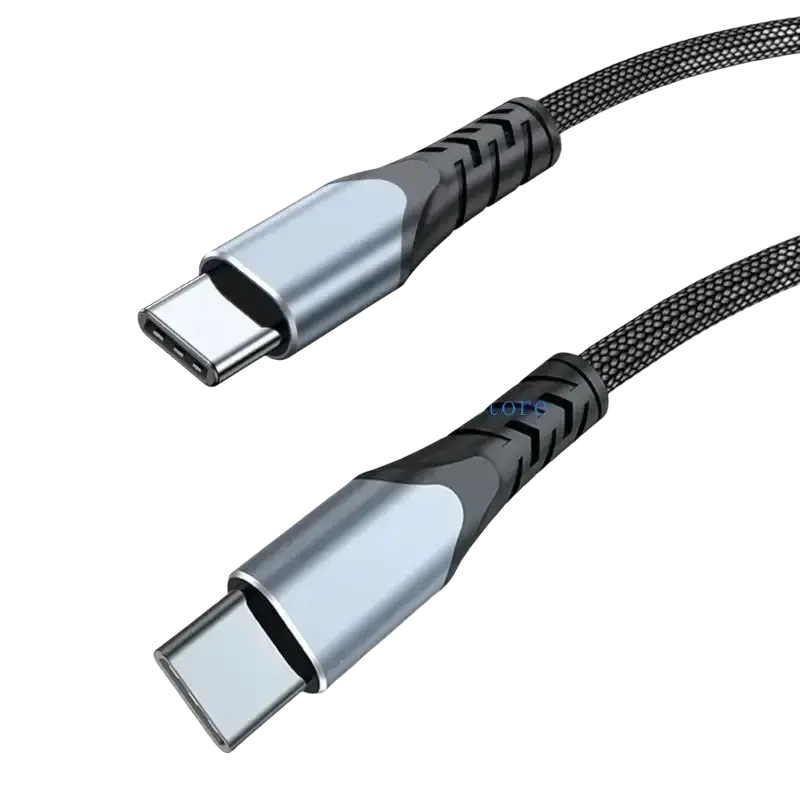 Black braided usb c cable with metallic silver connectors and textured grip for 100w fast charging straight head use