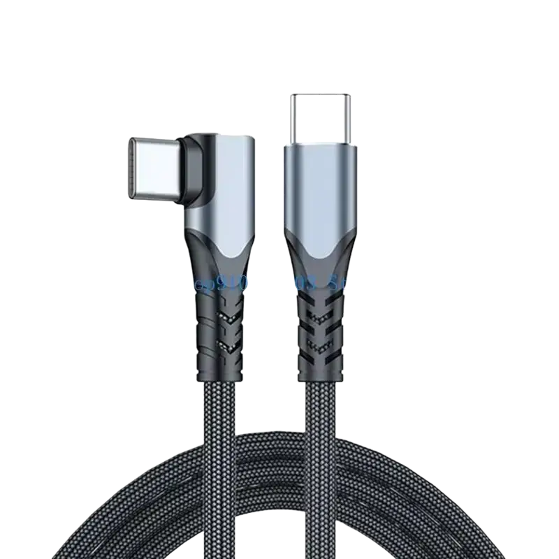 Black braided usb c cable with silver metallic connectors and 90-degree plug for fast charging straight head use