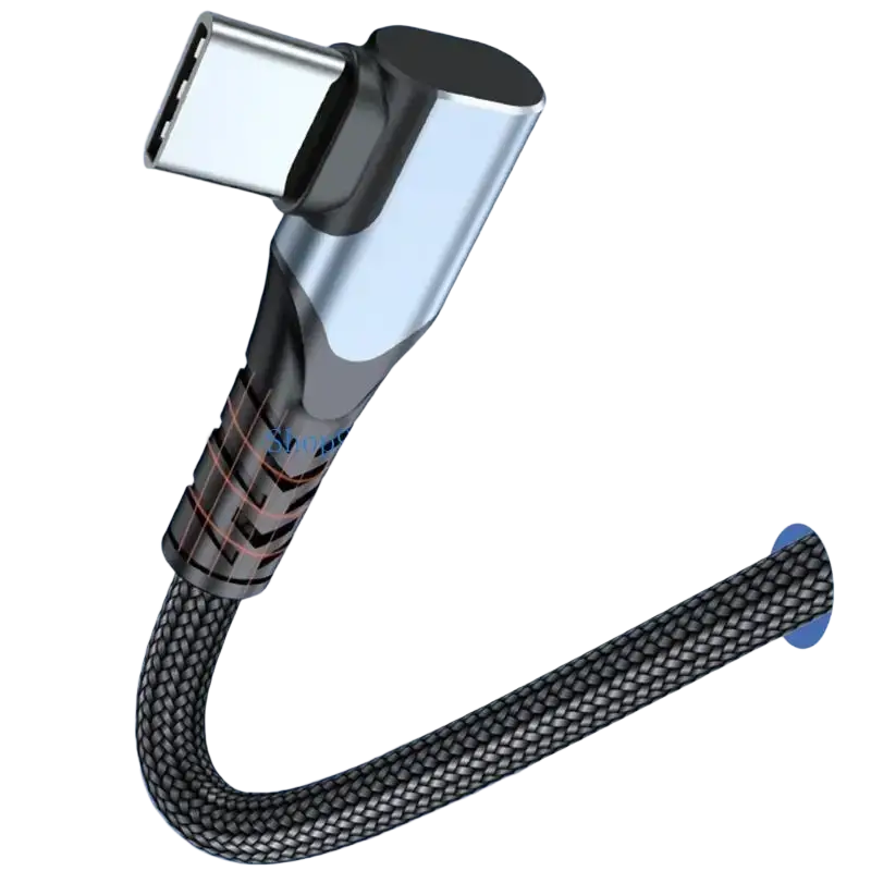 Black and silver braided usb c cable with 90-degree angled connector for 100w fast charging and data transfer