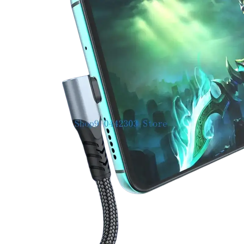 Silver usb c cable with braided black and gray cord fast charging and straight head for 100w power delivery