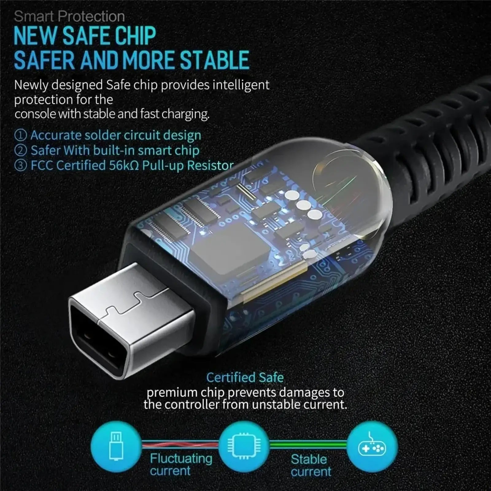 Black and silver usb c charger cable with transparent casing and built-in smart chip for Nintendo 3ds dsi 2ds xl