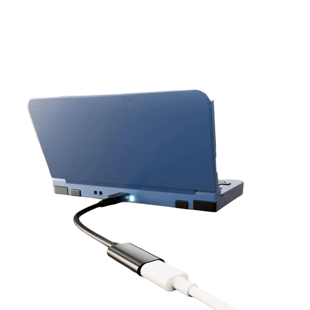 Blue Nintendo Switch console charging with a USB C charger cable compatible with Nintendo 3DS DSi 2DS XL devices