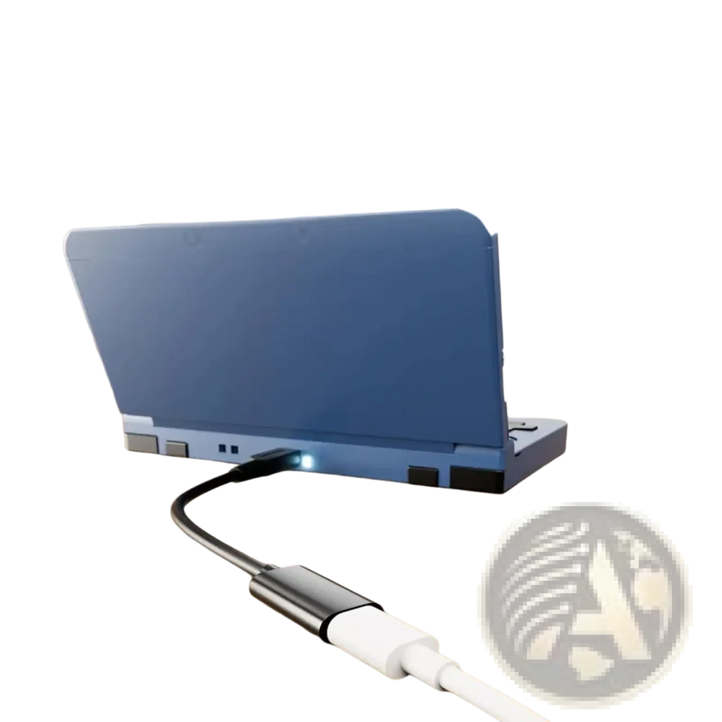 Blue Nintendo Switch console charging with a USB C charger cable compatible with Nintendo 3DS DSi 2DS XL devices