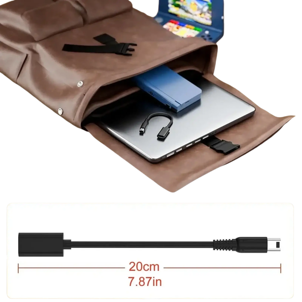 Brown leather laptop sleeve with silver snap buttons designed to securely hold a laptop and accessories for Nintendo 3ds charger cable