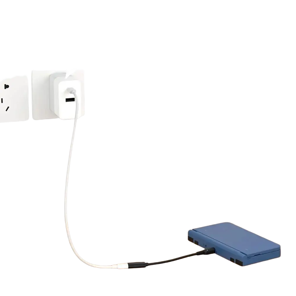 White usb type-c charging adapter cable connected to blue handheld game console for Nintendo 3ds Dsi 2ds xl