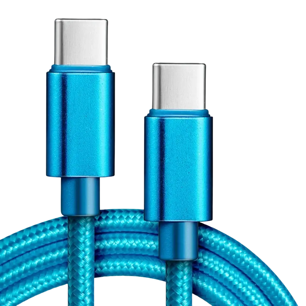 Blue braided usb-c fast charging cable with metallic connectors designed for durable and efficient charging
