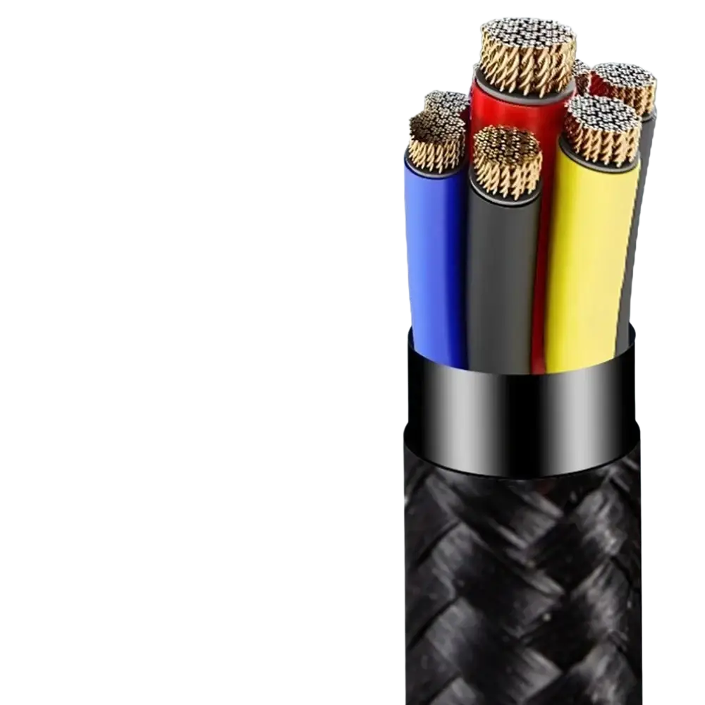 Usb c fast charging braided cable with a black exterior and exposed multi-colored copper cores