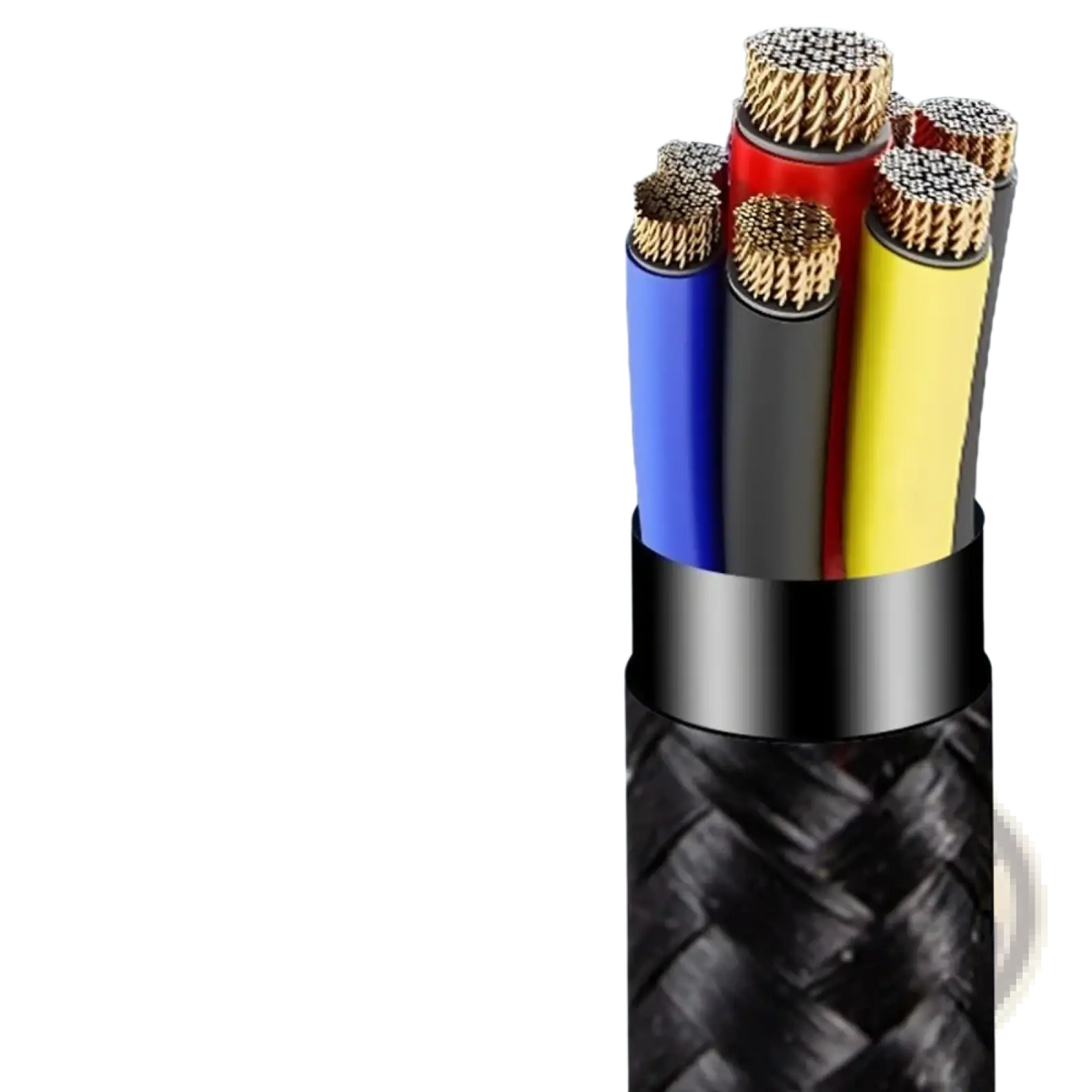 Usb c fast charging braided cable with a black exterior and exposed multi-colored copper cores