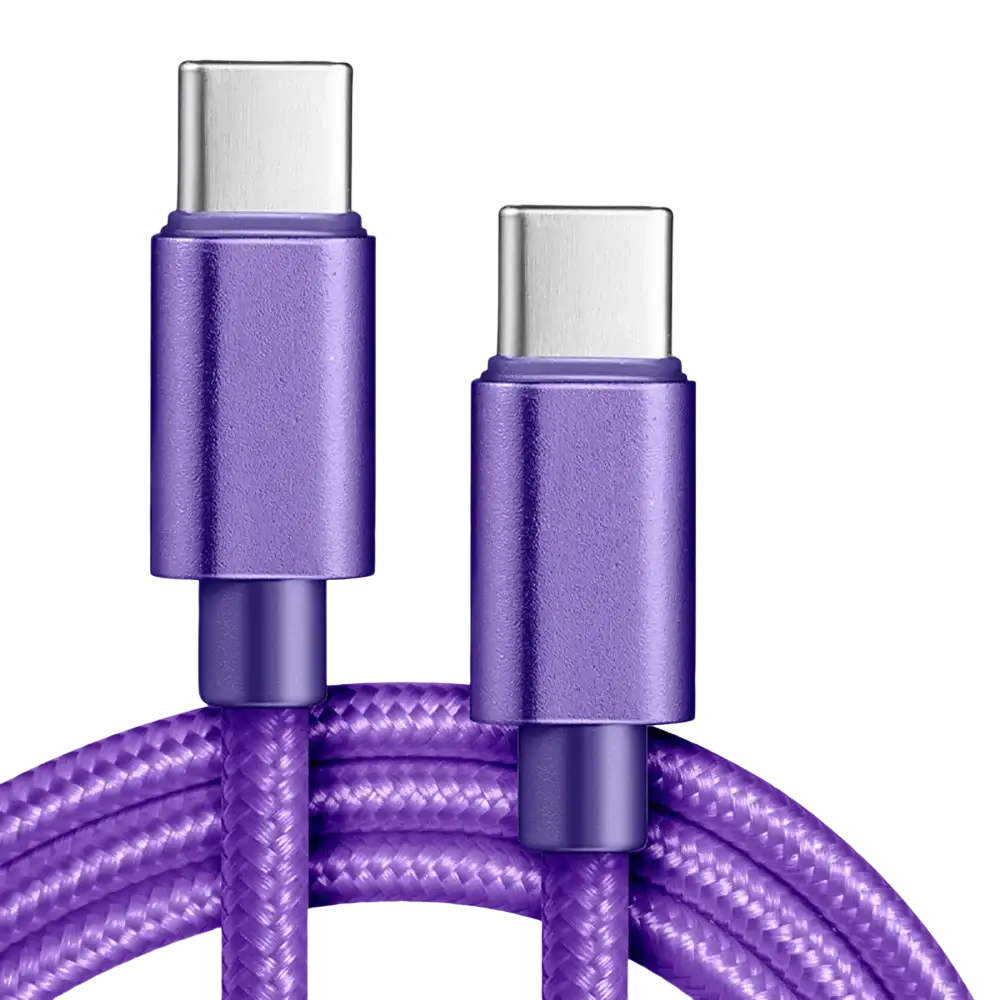 Purple braided usb-c fast charging cable with metallic connectors designed for durable high-speed charging
